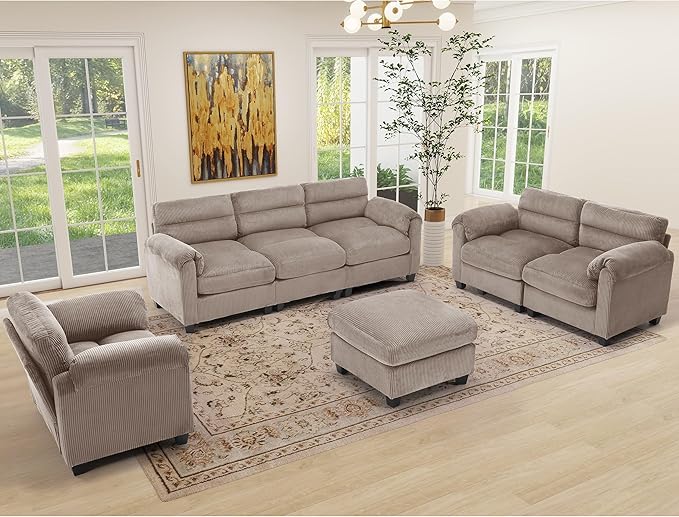 HAOMARKETS Corduroy Sofa Set, Upholstered Ottoman, and 3-Seater Couch