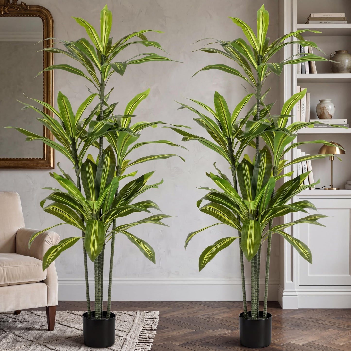Giegxin 2 Pack 5 FT Artificial Dracaena Tree, Indoor Fake Tree with Black Stable Planter, Natural Wood Trunk & Lifelike Leaves Dracaena Plants for Home Living Room Porch Office Housewarming Gift