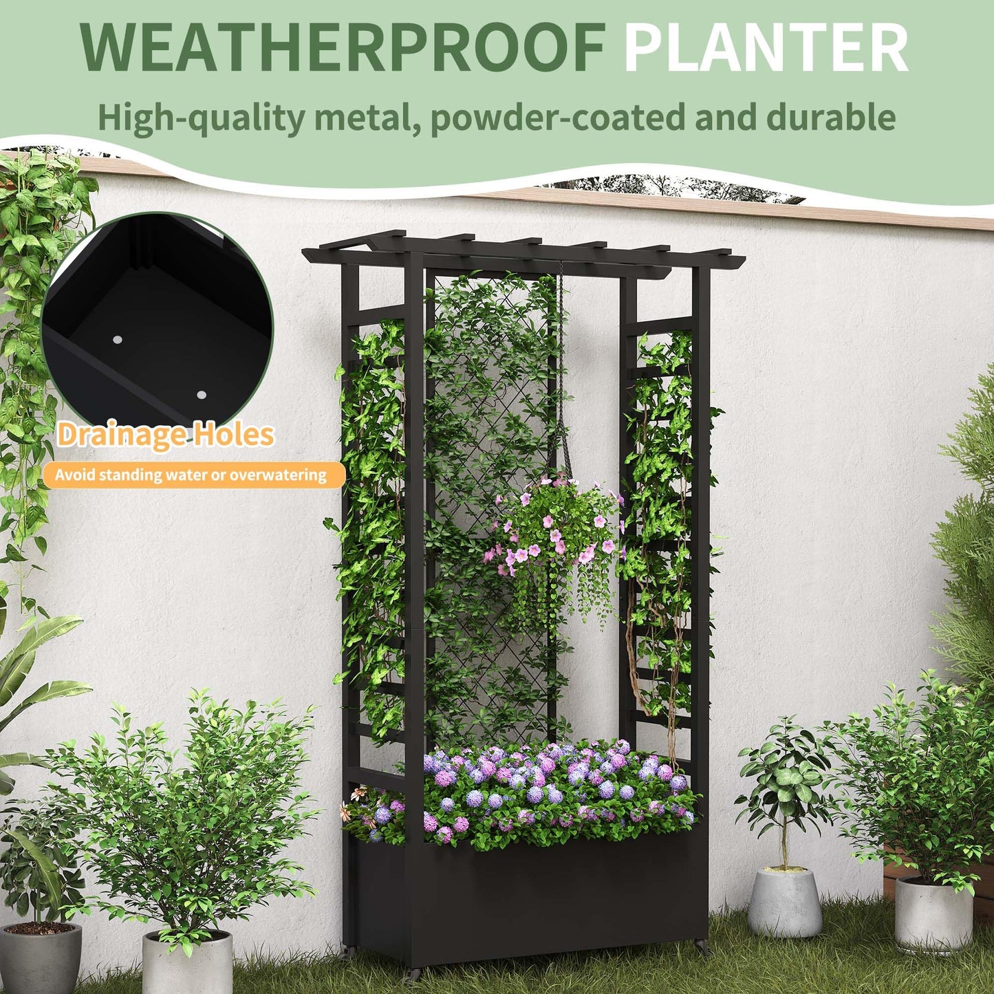 Sunnibety Raised Garden Bed with Trellis & Hanging Roof, Weatherproof Metal Planter Box with Wheels, Garden Arch Trellis for Outdoor Climbing Plants Vines Flowers, 74" H x 44" L x 17" W, Black