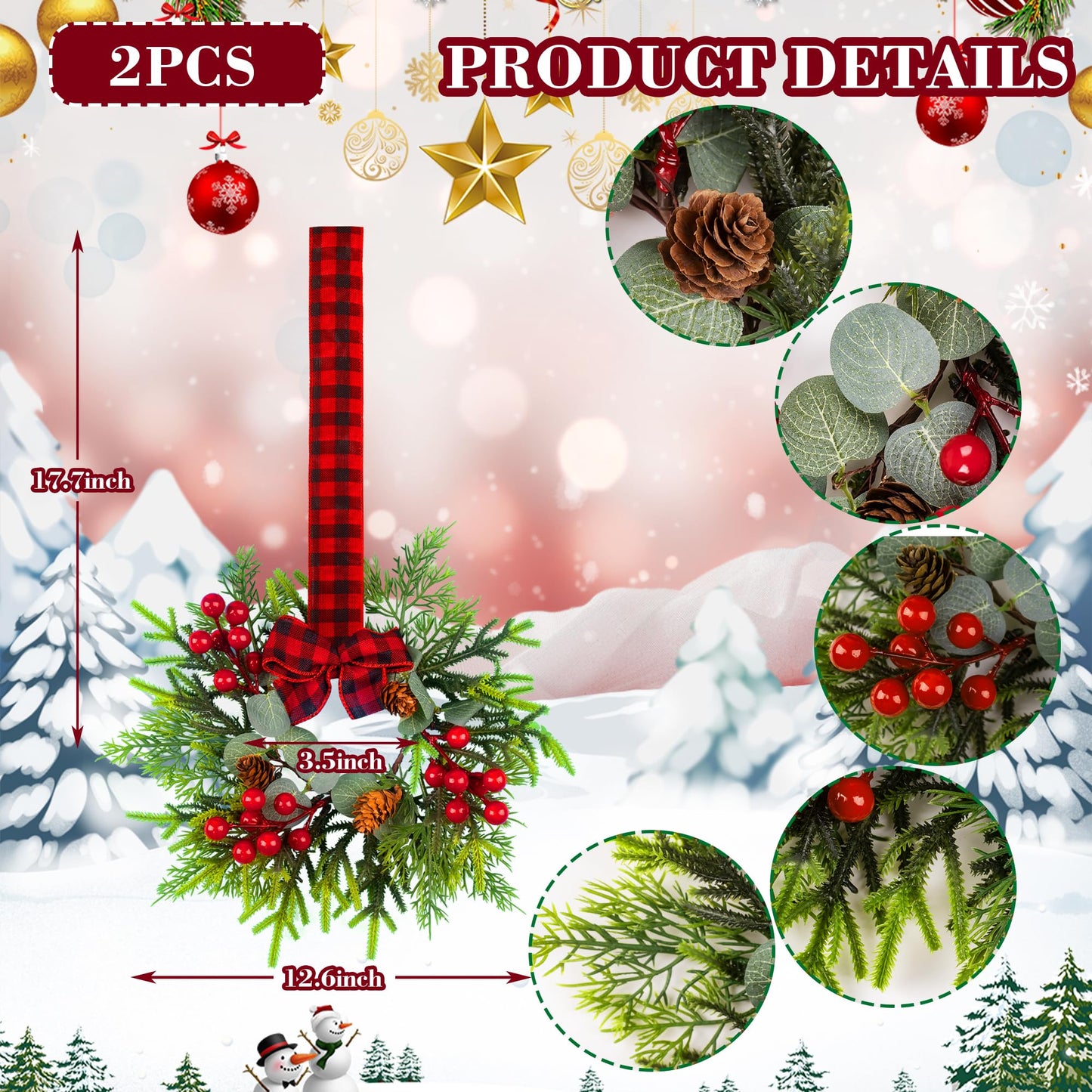 Small Christmas Wreath - 2Pcs Mini Wreaths with Red Berry Pine Eucalyptus for Kitchen Window Decor Small Farmhouse Wreaths Garland for Indoor Home Cabinet Decorations