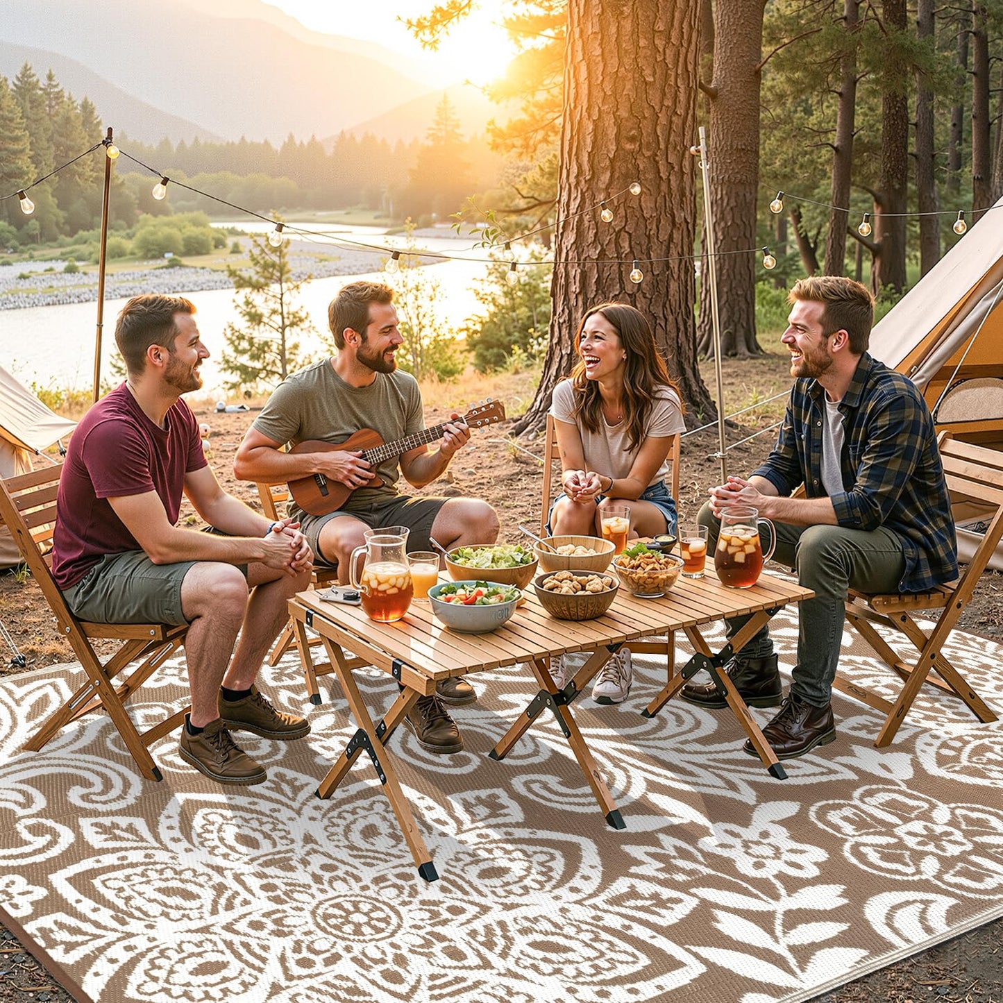 Findosom Waterproof Outdoor Rug 9' x 18' - Reversible Mandala Outdoor Plastic Straw Rug, Durable Foldable Patio Rug for RV, Deck, Balcony, Backyard, Picnic, Porch, Camping, Beach, Brown