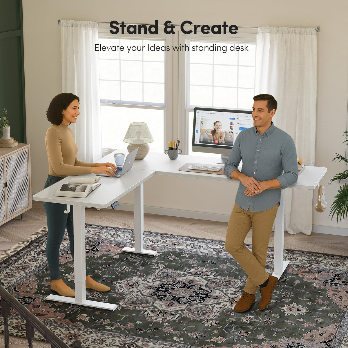 BANTI L-Shaped Standing Desk - 75 x 63 Inch Adjustable Corner Standing Desk with Charging Station - L Shape Sit Stand Table with Memory Controller, Splice Board for Home Office, White