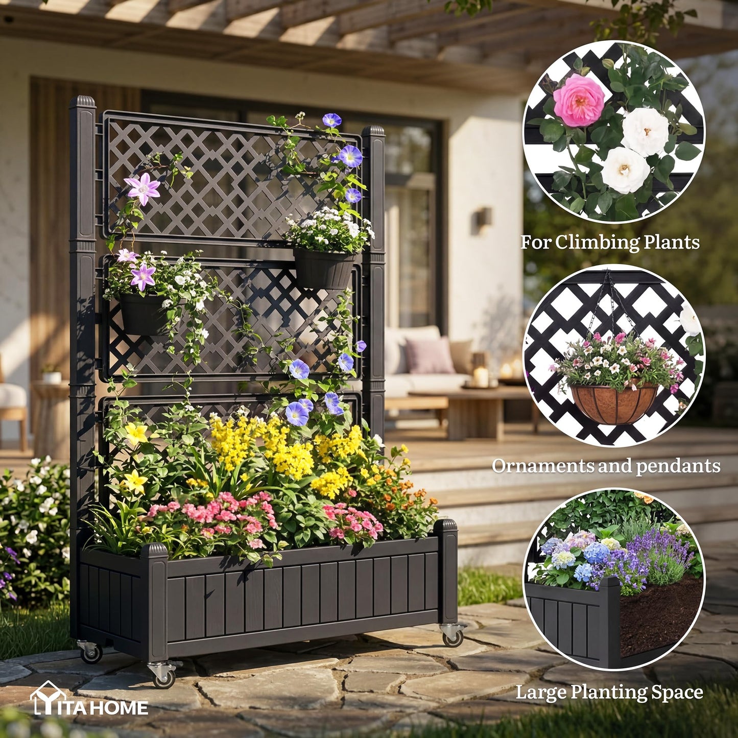 YITAHOME 42.5x14.2x61 in Planter Box with Trellis/Outdoor Privacy Screen, All-Weather Raised Garden Bed with Wheels & Drain Plug for Climbing Plants Flowers Herbs, Black