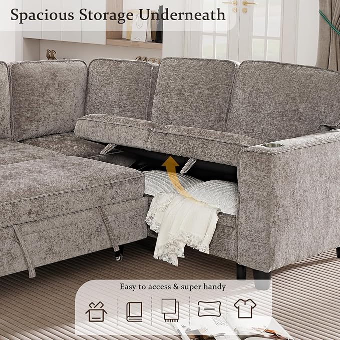 L-Shaped Sectional Couch with Storage and Pull Out Bed, Convertible Sofa Bed