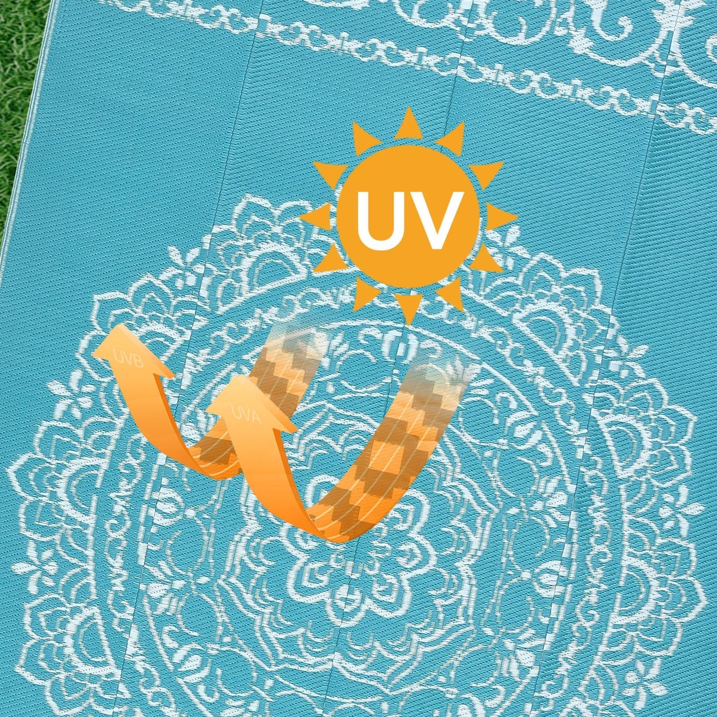 IDEALHOUSE Outdoor Rug 9x12 Ft, Waterproof Plastic Reversible Rug, Persian Style Camping Mat for Outdoors, RV, Patio, Backyard, Deck, Picnic, Beach, Trailer, Camping(Light Blue & White)