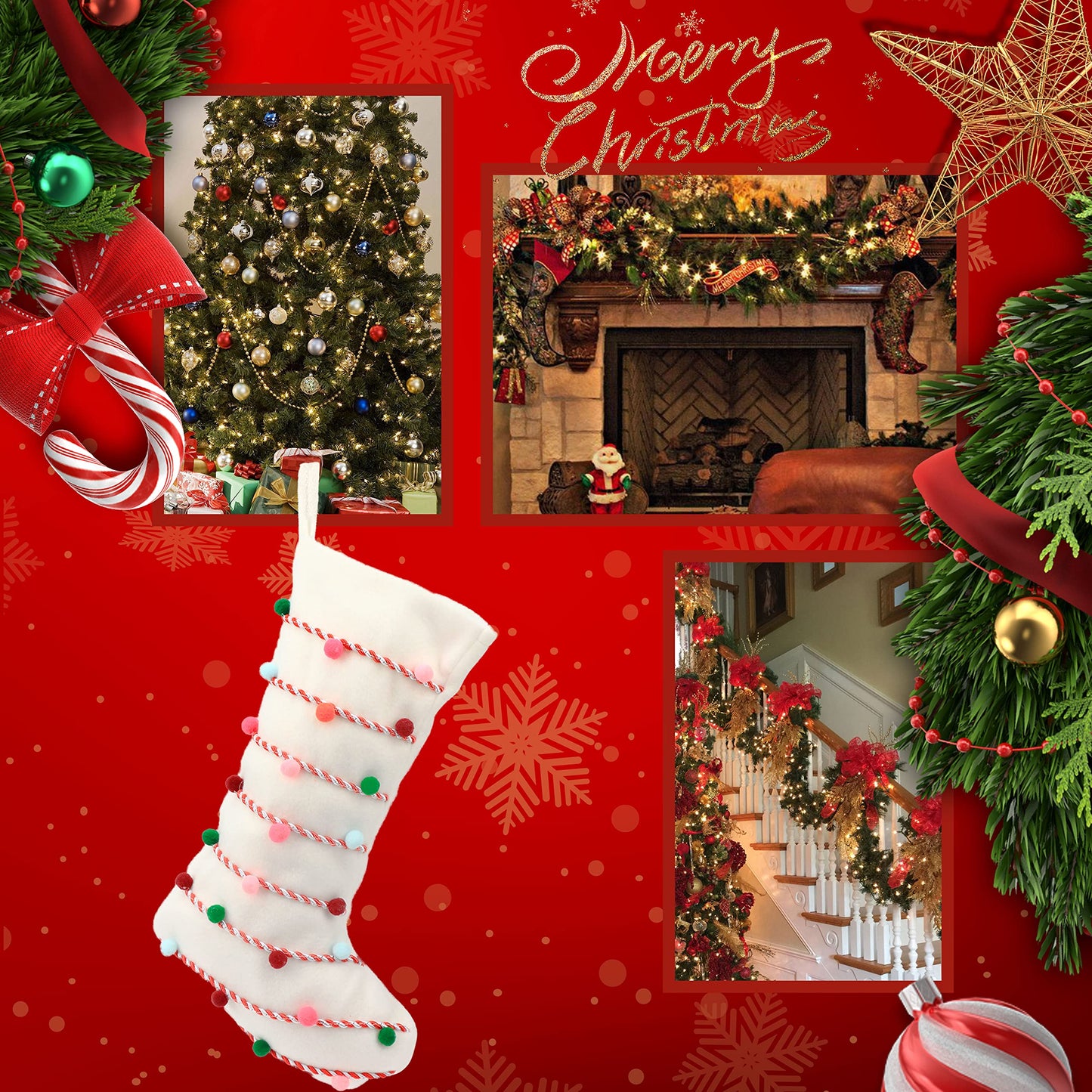 Hopearl Pom Pom Christmas Stocking Boho Style Socks Ultra Soft Holders Ornament Luxury Gifts Bags for Family Xmas Tree Party Supplies, Cream, 18''