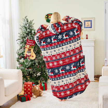 Moinlizy Wearable Blanket Hoodie, Long Thick Hooded Blanket Oversized for Adults Women Men with Pocket and Sleeves, Christmas Red Xmas Deer
