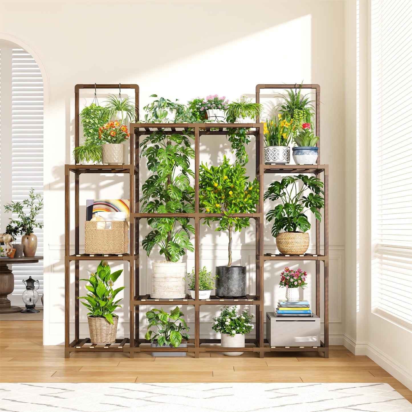 EnHomee Plant Stand Indoor Tall Plant Stand Outdoor Large Wood Plants Shelf with 12-14 Pots for Patio, Living Room, Garden, Balcony, 44.8" Wx47.2 Hx11.78 D