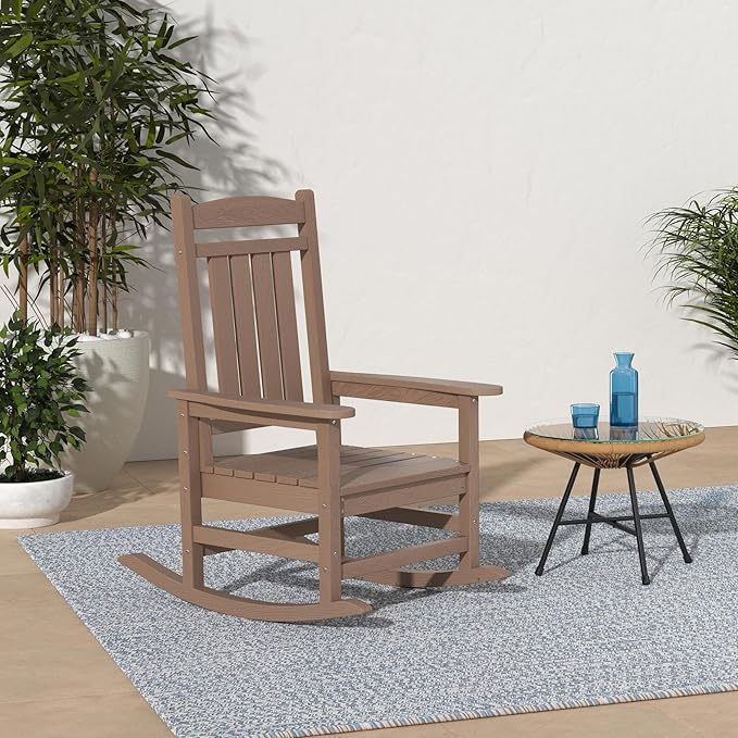 KINGYES HDPE Outdoor Rocking Chair Set of 4, All-Weather Poly Patio Rocking Chairs with 330lbs Support for Adults, Brown