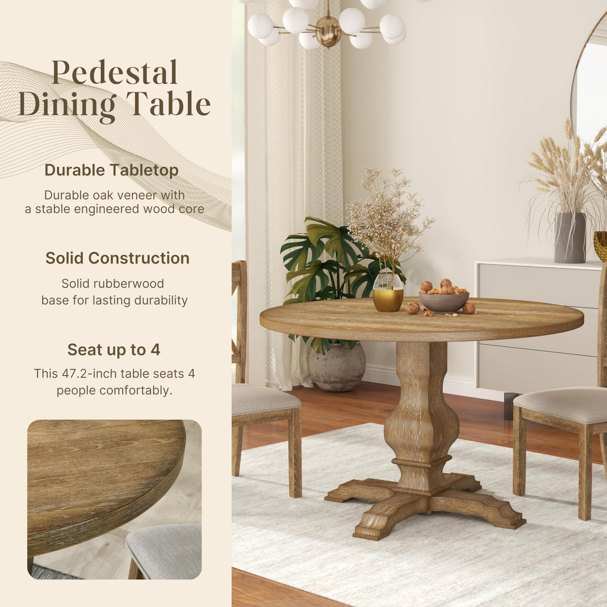Roundhill Furniture Havre Pedestal Base Round Dining Table, Oak
