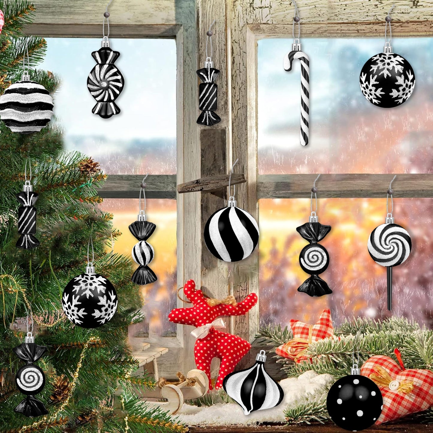 Candy Christmas Ornaments Set, Candy Cane Ornaments for Christmas Tree, Black Christmas Tree Decor 48pcs