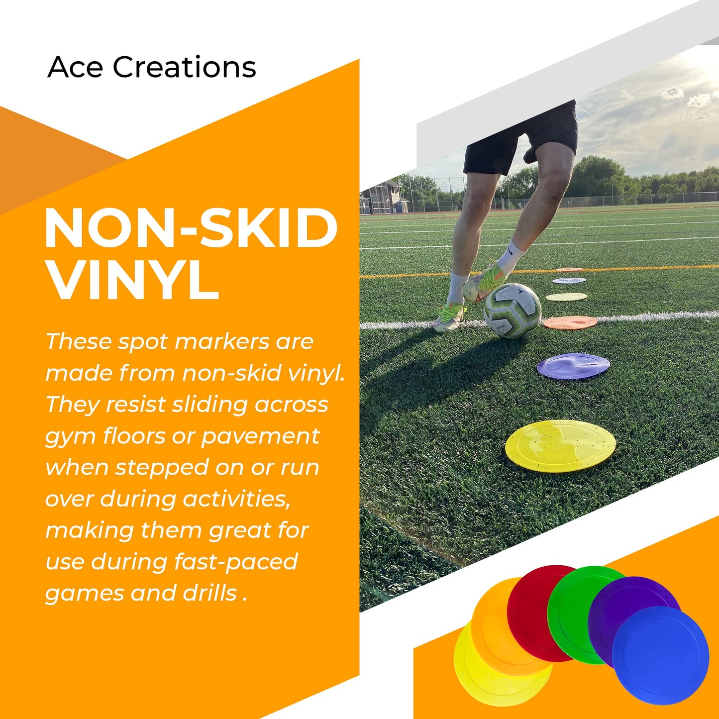 Ace Creations 9 Inch Poly Vinyl Spot Markers – Training Drills with School Gyms, Sports Teams, Track and Field, Basketball, Football, Soccer, Baseball, Gymnastics, Preschool, Kindergarten – Set of 36