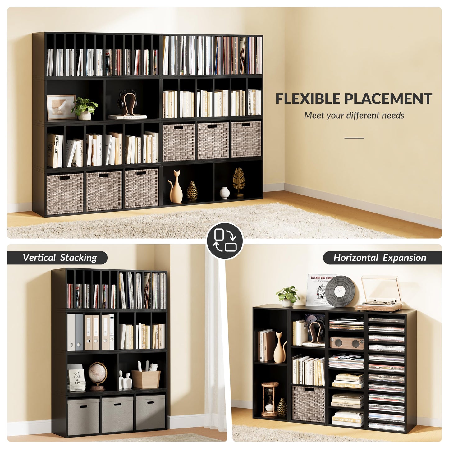 IOTXY DIY Modular Cube Bookcase - CubeXY Customizable Stackable Expandable Combination Set, 23-Cube Open Bookshelf for Books, Fabric Storage Bin, and 7/10-inch Vinyl Record Organizer, Black