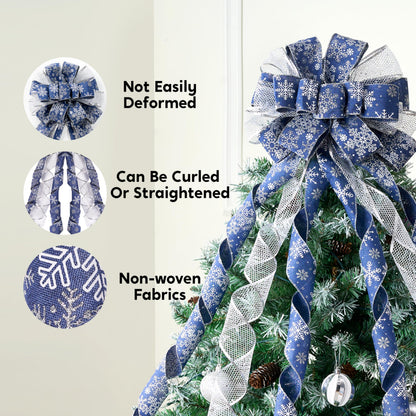 JOIEDOMI 45 Inch Christmas Tree Topper Wreath Bow, Blue and Silver Ribbon Ornaments with Snowflakes and Glitter, Large Gift Decor for Xmas Holiday Themed Decoration Home Parties Wedding