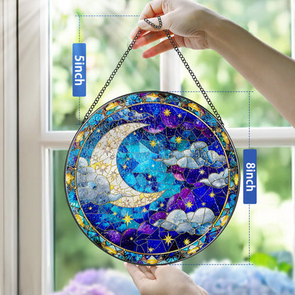 8-Inch Moon and Star Stained Glass Ornament, Stained Glass Window Hanging, Window Hanging Decor Suncatcher, Night Sky Ornament | Holiday, Mother’s Day, Housewarming | Gifts for Friend & Family
