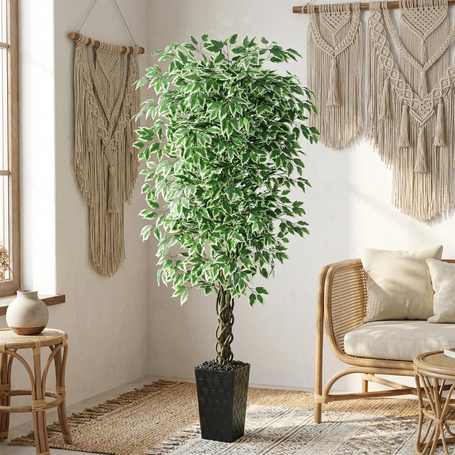 Artificial Ficus Tree Indoor 6FT Fake Plants Large Artificial Plant with Crack Black Tall Planter, Green Lifelike Lush Fake Ficus Tree for Home Living Room Bedroom Outdoor Balcony House Office Decor