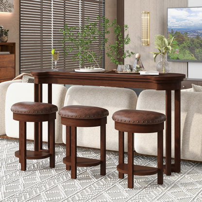 KEIKI 60" Solid Pine Wood Bar Table Set with 3 PU Stools Chairs, Long Bar High Top Dining Table & Upholstered Stools, Behind Couch Sofa Counter Height Pub Table for Breakfast, Kitchen Living Room