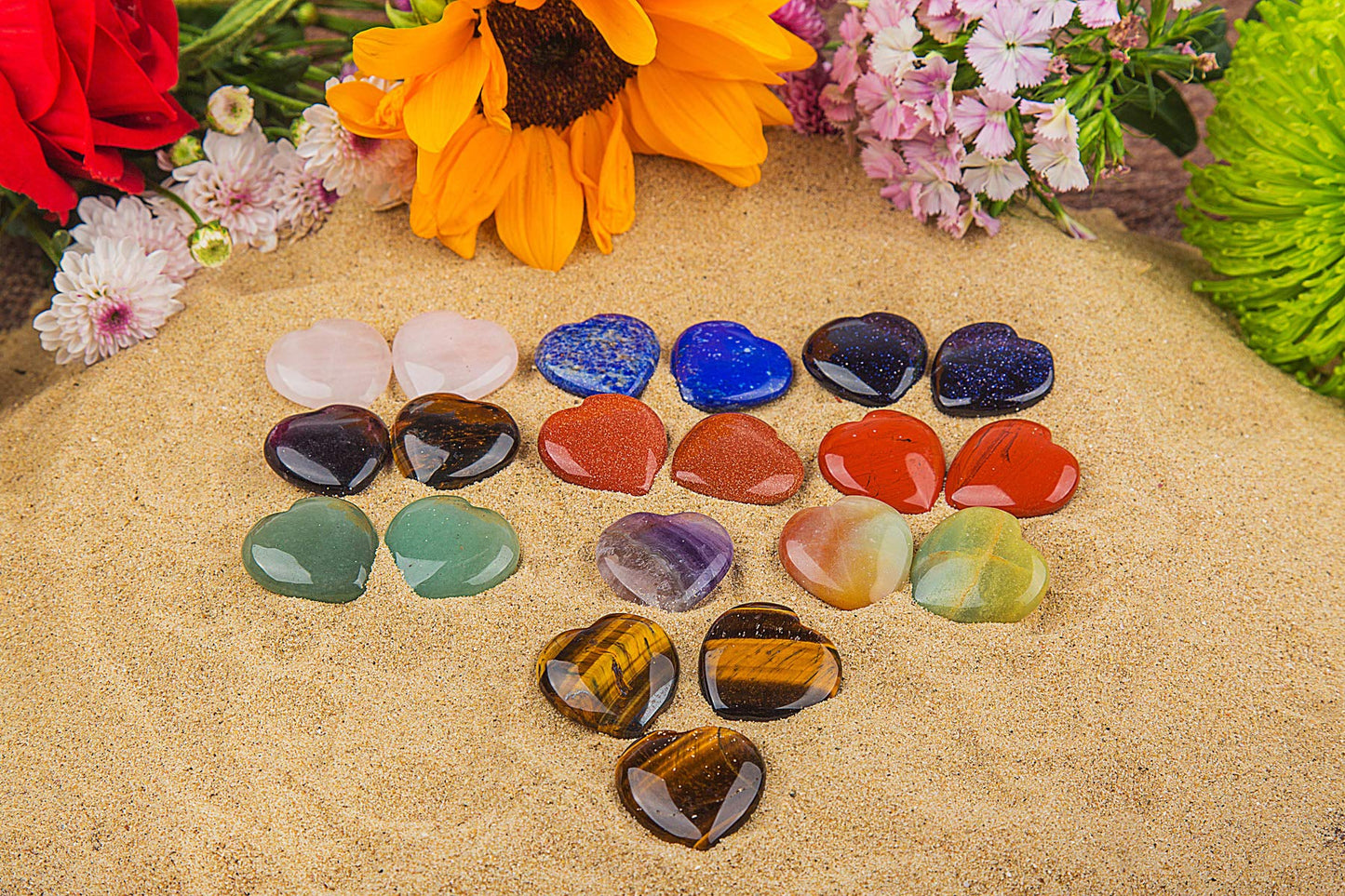 JIC Gem 20 pcs Mixed Crystal Heart Stones Heart Shape Chakra Stones 30mm Reiki Balancing Hand Carved Polished Palm Worry Stone Gift Jewelry Making and Collection