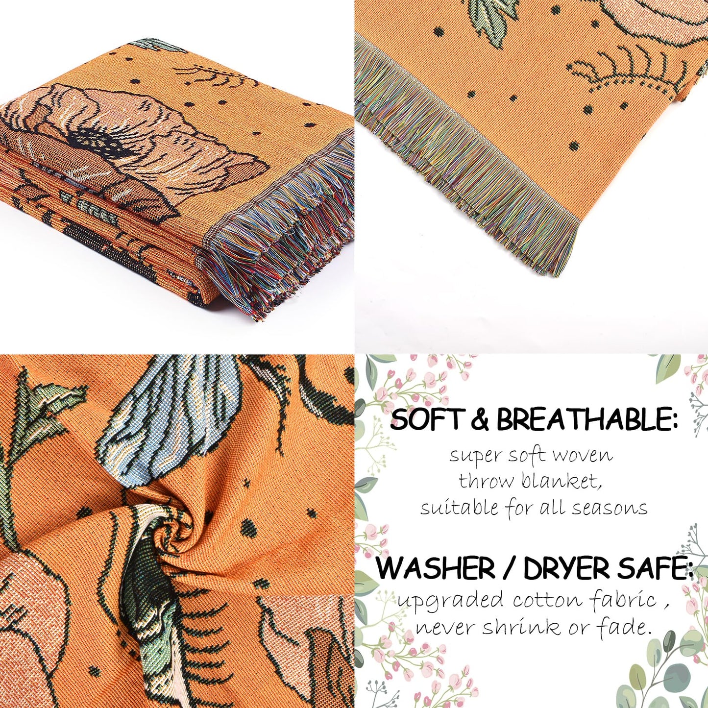 Shesyuki Boho Throw Blanket Reversible Cotton Bohemian Tapestry Hippie Room Decor Double Sided (Boho Bee Yelow 50"x60")