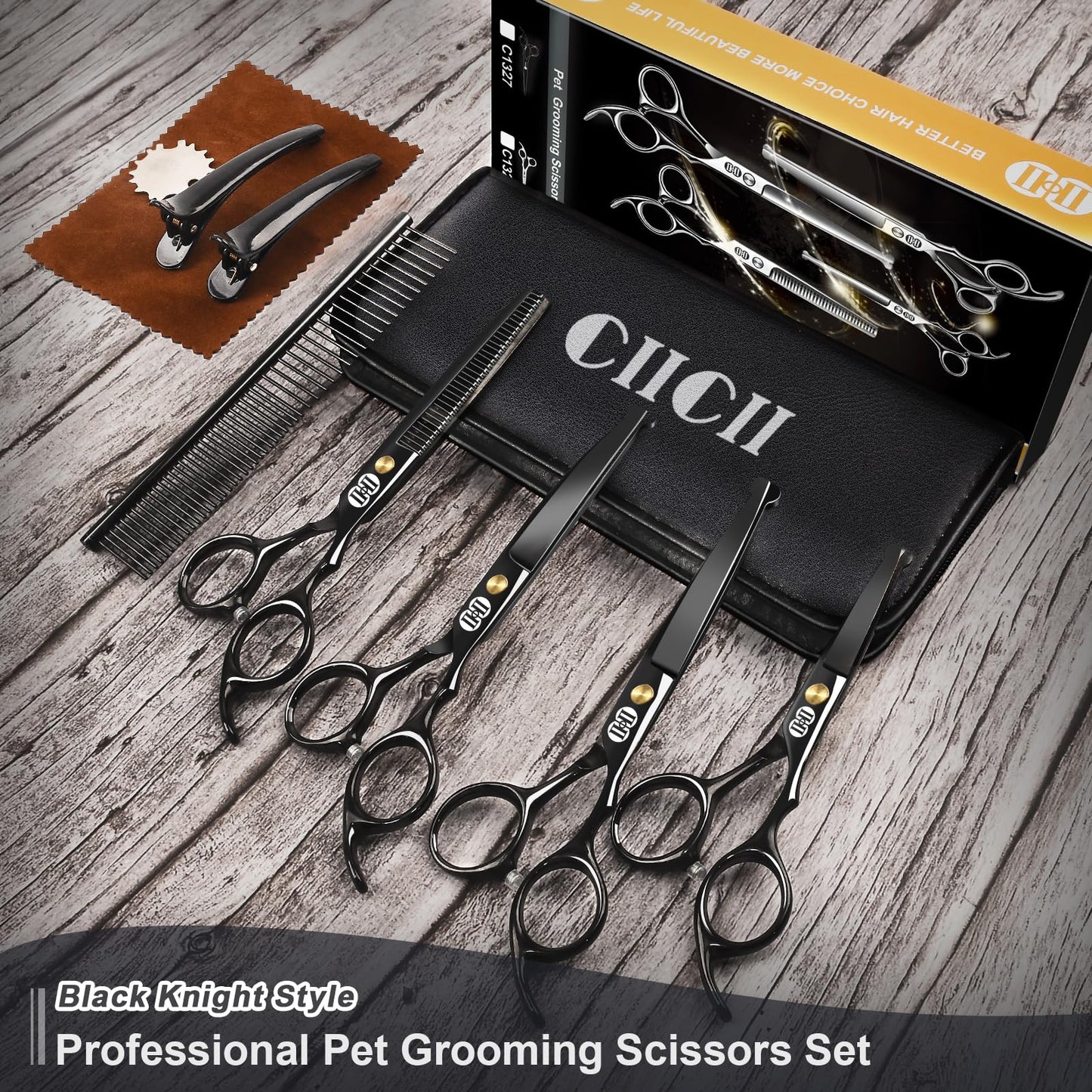 CIICII Dog Grooming Scissors Kit, 10-in-1 Professional Pet Grooming Scissors Set with Safety Round Tip (Dogs/Cat Hair Cutting Trimming Thinning Shears with Curved Scissor) for DIY Home Salon (Black)