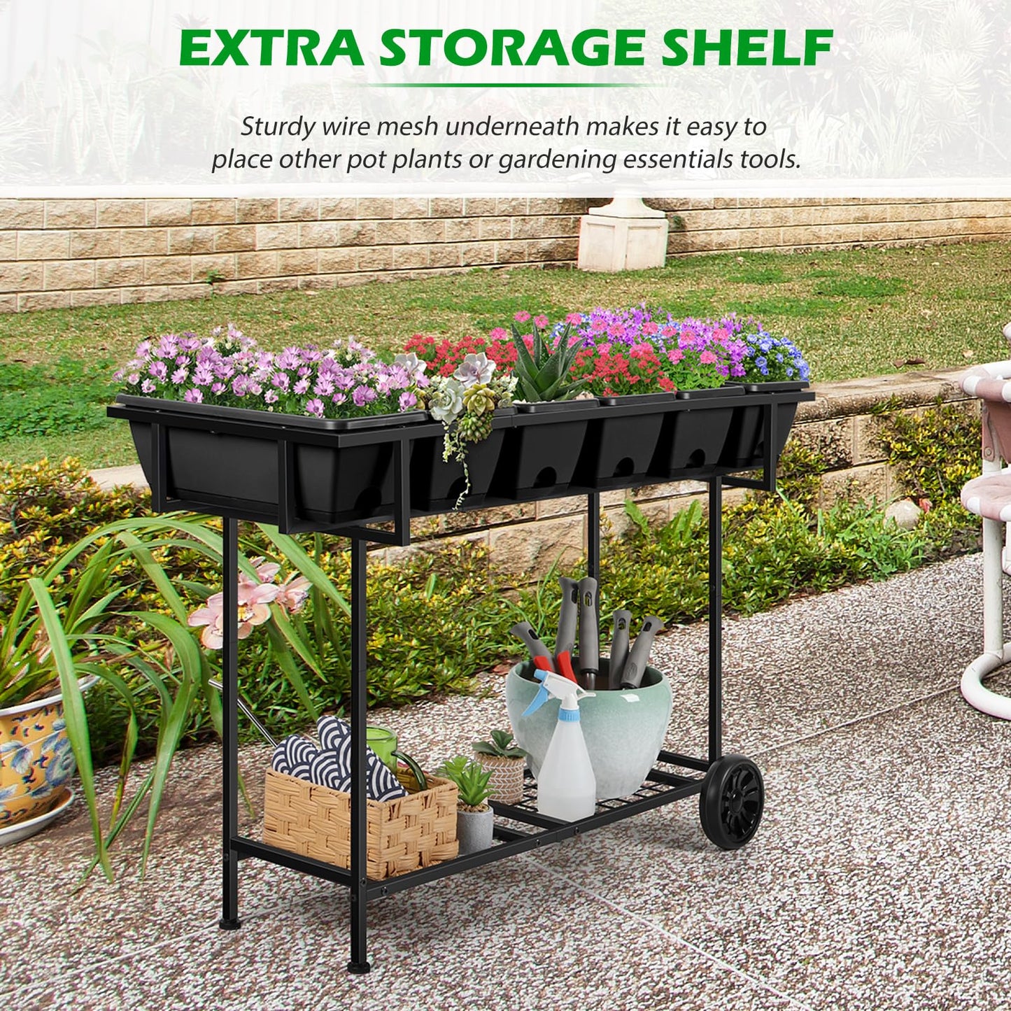 Vrisa Plastic Raised Garden Bed Outdoor with Legs 43x17x29 in Elevated Standing Planter Box with Storage Shelf and Wheels Vegetables Herbs Flowers Gardening Boxes for Backyard, Patio, Balcony, Black