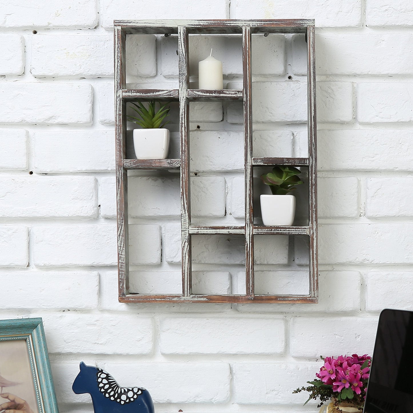 MyGift 9 Compartment Rustic Torched Solid Wood Shadow Box, Wall Mountable Curio Display Case, Freestanding or Floating Shelf for Collectible Figurines, Succulents