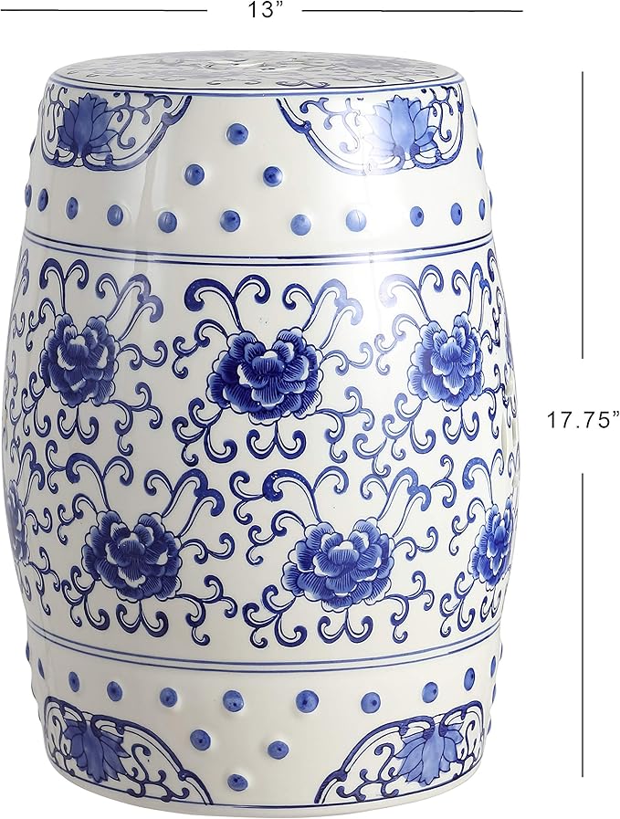 JONATHAN Y TBL1000A Lotus Flower 17.8" Chinoiserie Ceramic Drum Indoor/Outdoor Garden Stool Bohemian, Coastal, Classic, Cottage, French Country, Traditional, Bathroom, Garden Room, Patio, Blue/White