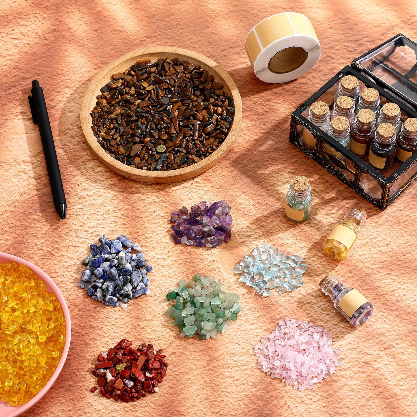 LemonRoad 120 Pcs Crystal Chips Gemstone Bottles Set Include 50 Pcs Gemstone Bottles 12 Colors of 1200g Healing Crystals Chips Wicca Gem Stones Kit Witch Gifts Craft Supplies