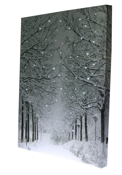 Clever Creations 16 x 12 Inch Christmas LED Wall Canvas Art Home Decor, Light Up Battery Operated Snowy Winter Scene, Winter Path
