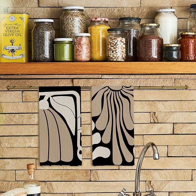 Abstract Boho Neutral Taupe and Beige Floral Kitchen Towels Set of 2, Retro 70s