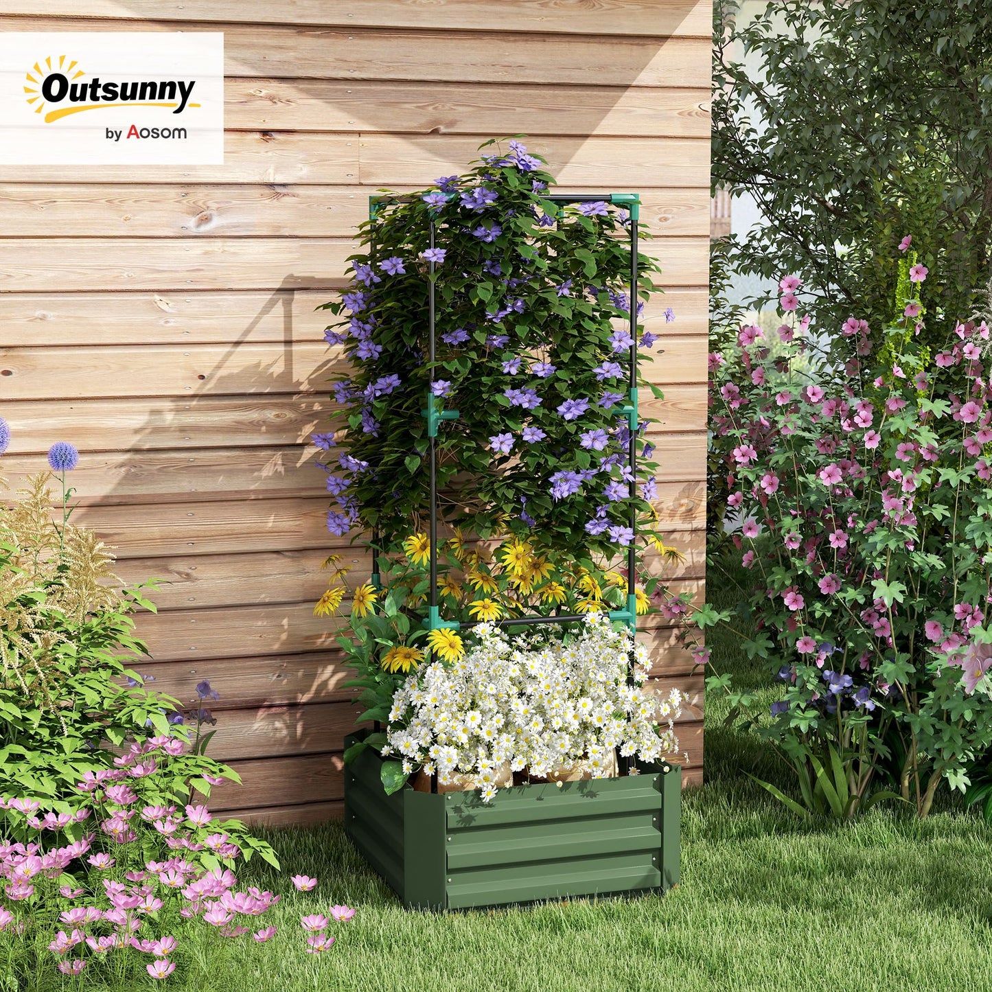 Outsunny Galvanized Raised Garden Bed, 55" Tall Outdoor Planter Box with Trellis Tomato Cage and Open Bottom for Climbing Vines, Vegetables, Flowers in Backyard, Garden, Patio, Green