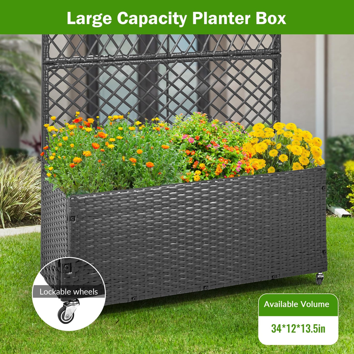 GENMOUS 72in/5.9ft Metal Raised Garden Bed with Trellis, Planter Box Trellis with Wheels for Vine Climbing Plants, Trellis with Drainage Holes for Flowers, Vegetables in Garden, Patio, Balcony （Black）