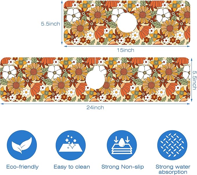 70s Retro Orange Floral Kitchen Sink Splash Guard Mat Absorbent Fast Drying Mat