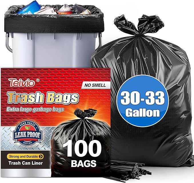30-33 Gallon 100 Counts Large Trash Bags w/Ties Black Garbage Bags, Large Trash