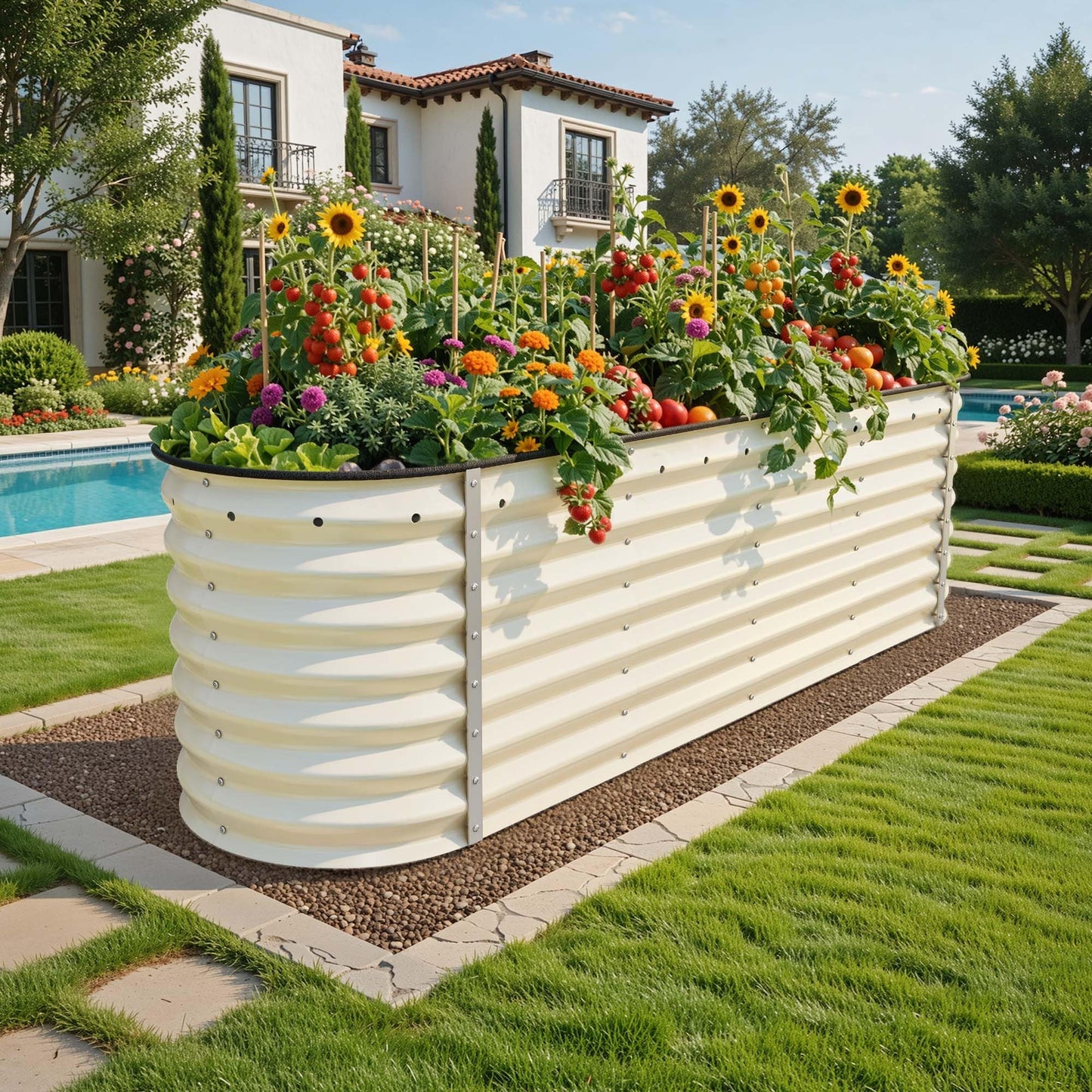 YITAHOME 8x2x2ft Large Raised Garden Bed Kit, 24" Tall 9 in 1 Galvanized Metal Planter Box with Gloves and Safety Rubber, Outdoor Above Ground Planters for Plants Vegetables Flowers, Cream Yellow