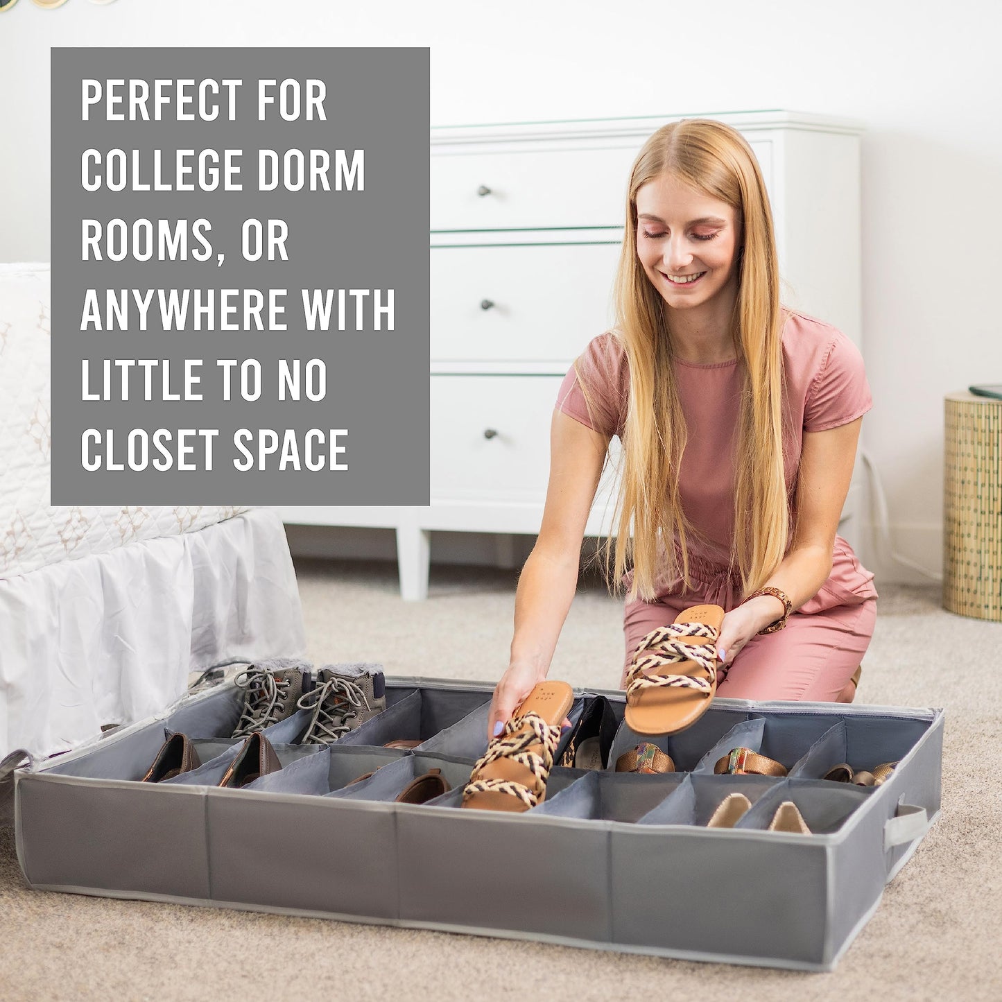 Under Bed Shoe Storage Organizer - TEAR-RESISTANT Heavy Duty 600D Material - Fits All Styles Men's and Women's Shoes, Up to 16 Pairs - Extra-Strong Zipper - Grey - Perfect for College Dorms