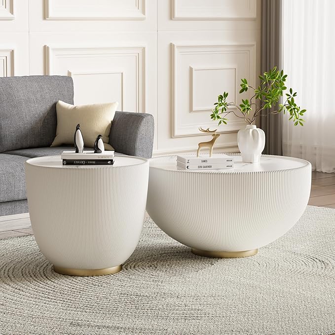 Round Marble Coffee Table Set of 2, 2 Piece White Coffee Table and End Table