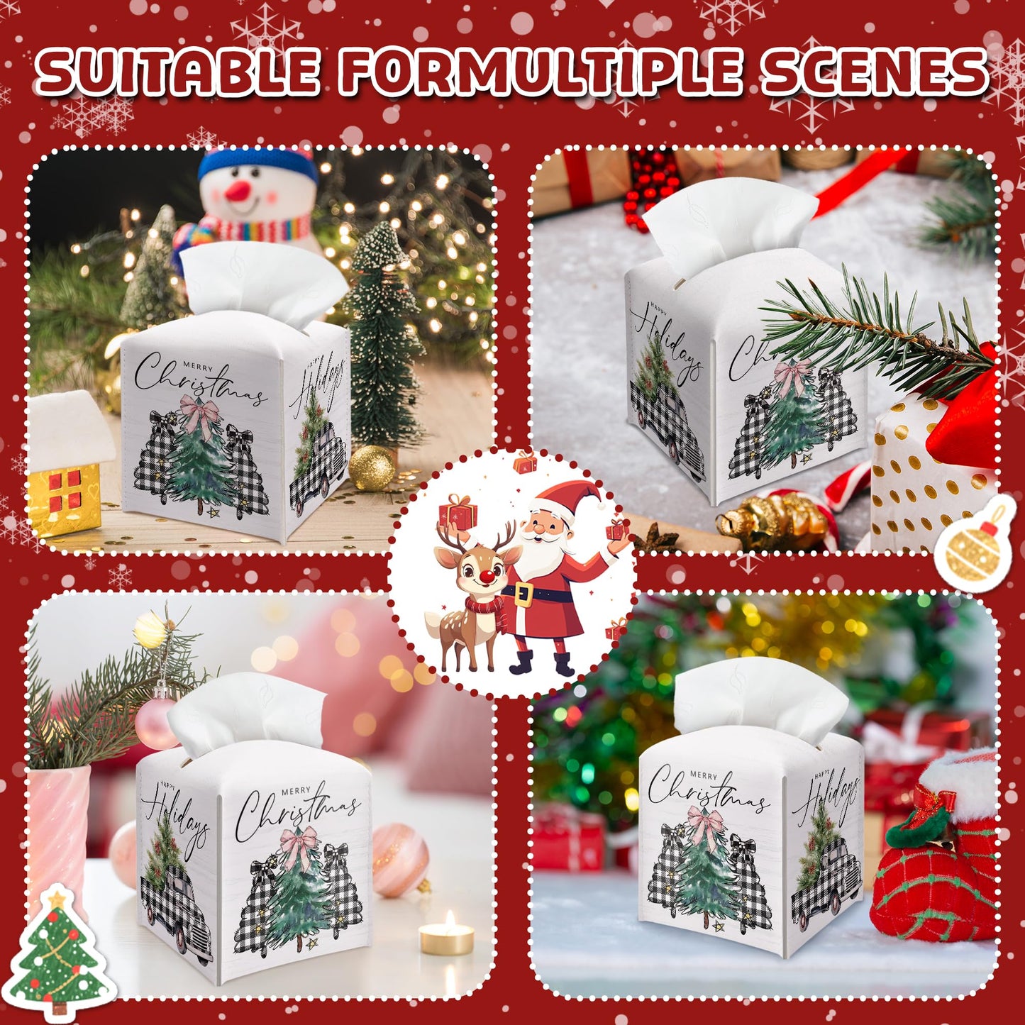 Christmas Box Cover Square, Buffalo Plaid Truck Trees Decorative Tissue Box Holder, Waterproof Leather Tissues Boxes Dispenser for Bathroom, Bedroom Nightstand, Office, Car Home Decor