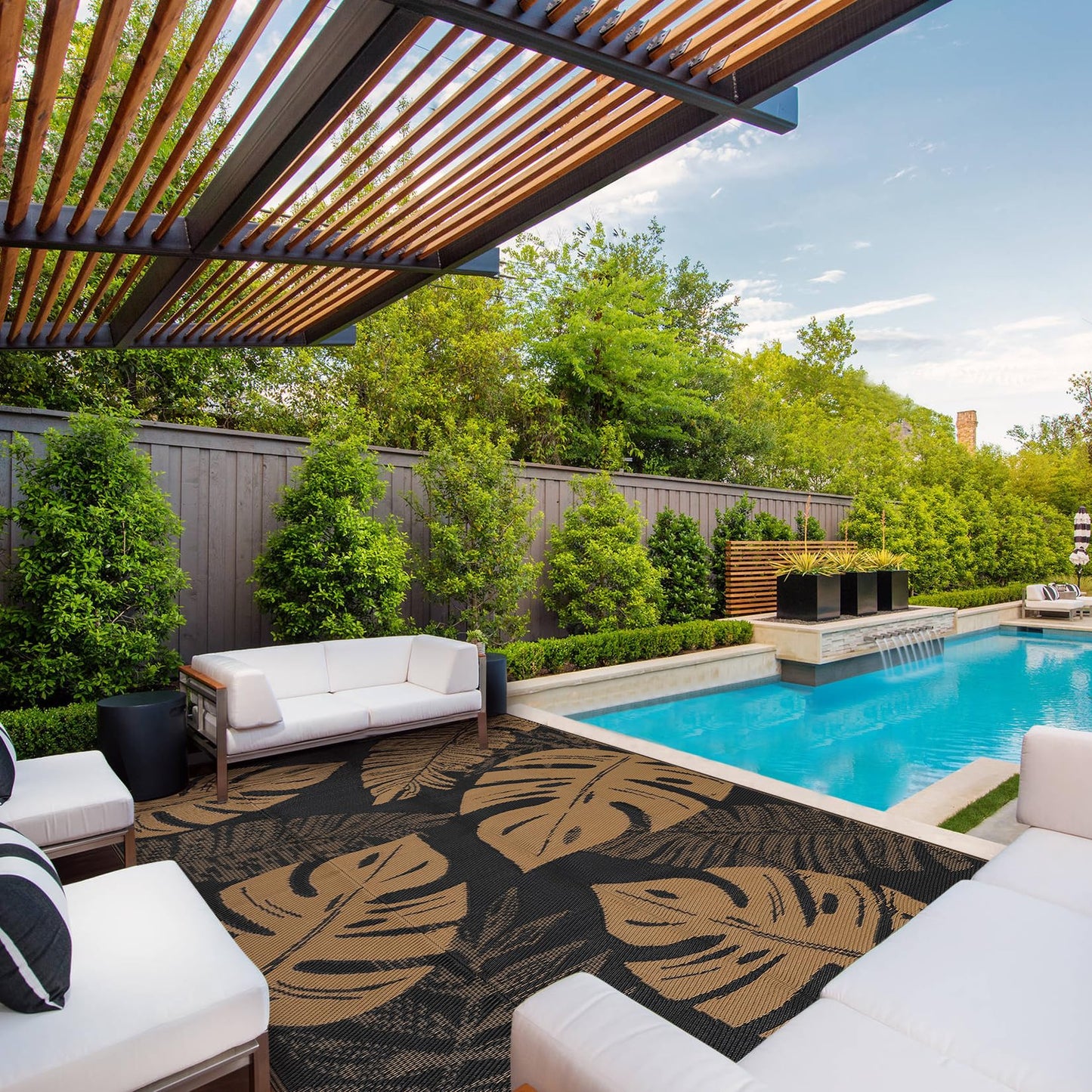 GarveeHome Outdoor Patio Rug 9x18 Waterproof Reversible Mat Leaves Camping Rugs Indoor Outdoor Rugs Carpet Large Area Rug Plastic Straw Rug for Patio Deck Balcony Pool RV Camping, Black and Brown