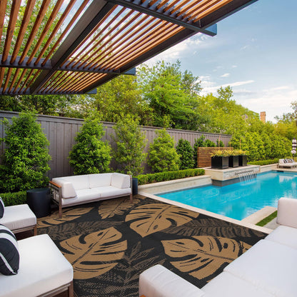 GarveeHome Outdoor Patio Rug 9x18 Waterproof Reversible Mat Leaves Camping Rugs Indoor Outdoor Rugs Carpet Large Area Rug Plastic Straw Rug for Patio Deck Balcony Pool RV Camping, Black and Brown