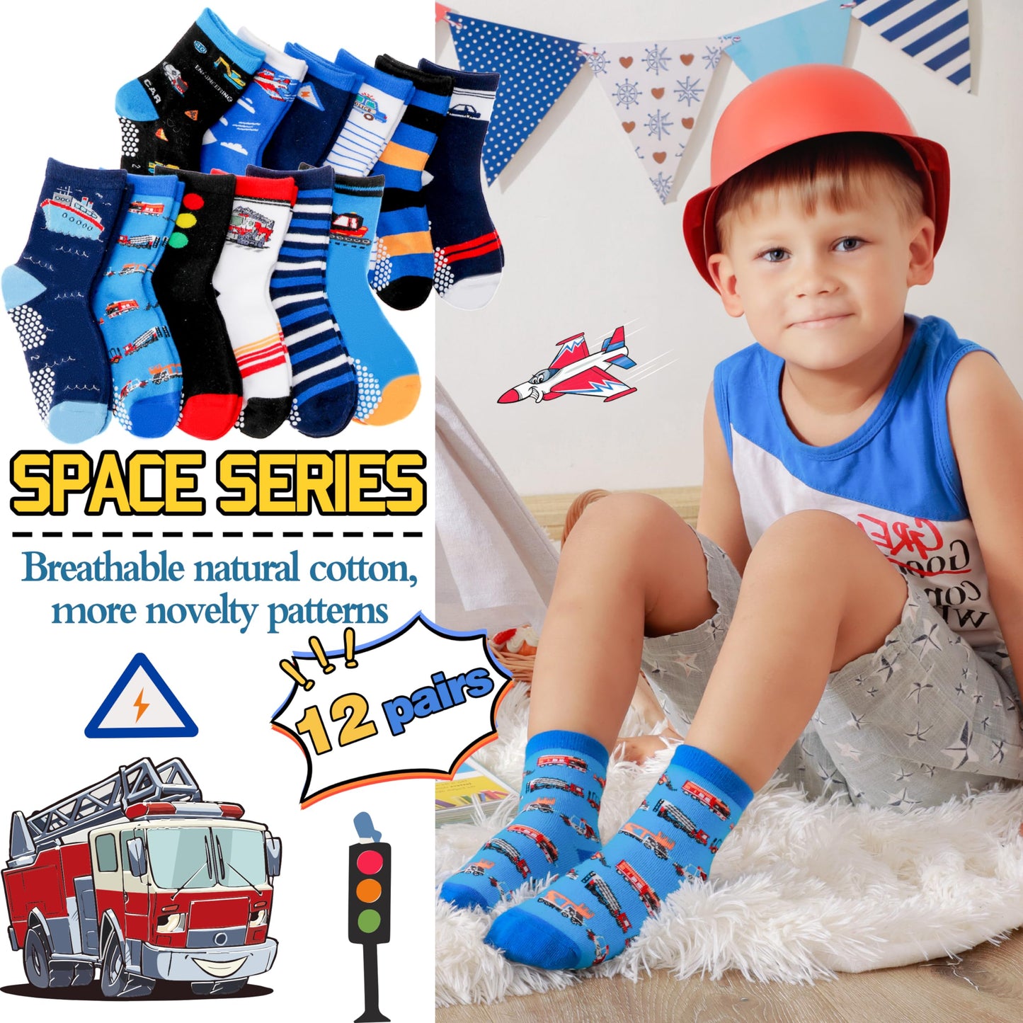 Welwoos Baby Boys Toddlers Grips Socks Non Slip Anti Skid Funny Cartoon Cosy Crew Cotton Gifts Socks 12 Pairs Stocking Fillers(Mix Blue Styles,3-5 T)
