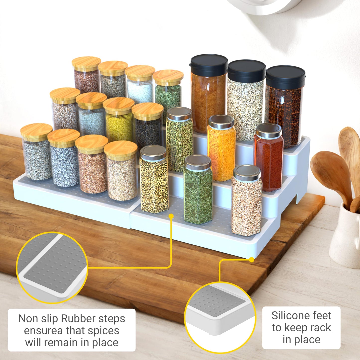 YAN & HIN Expandable Spice Rack Organizer for Cabinet (2 Pack), 3-Tier Tiered Spice Shelf Organizer with Non-Skid Surface, Spice Riser, Adjustable Pantry Organizer for Spices, Cans & Medicine Cabinet