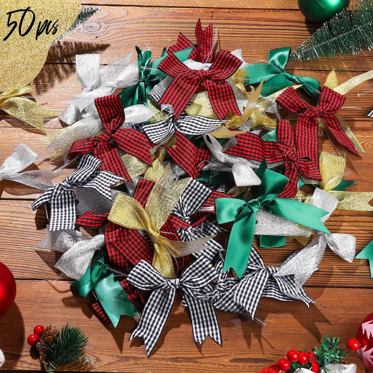 YGDZ Christmas Bows, 50 PCS Twist Tie Christmas Tree Bow, 3.3 Inch Buffalo Plaid Bows Glitter Gold Silver Bow for Crafts, for Christmas Decor, Gift Wrapping, Party