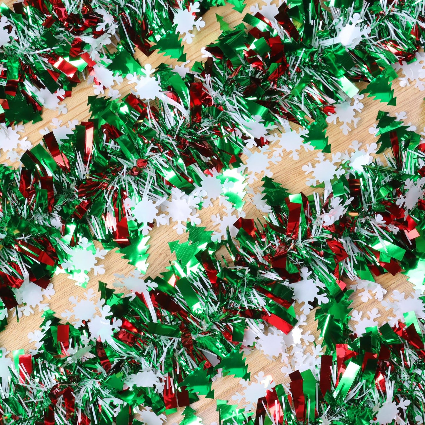 50Ft Tinsel Garland Christmas Tree Decorations,Xams Twist Garland with Snowflake Tree for Stairs Railing Mantle Indoor Outdoor Holiday Home Red Green White