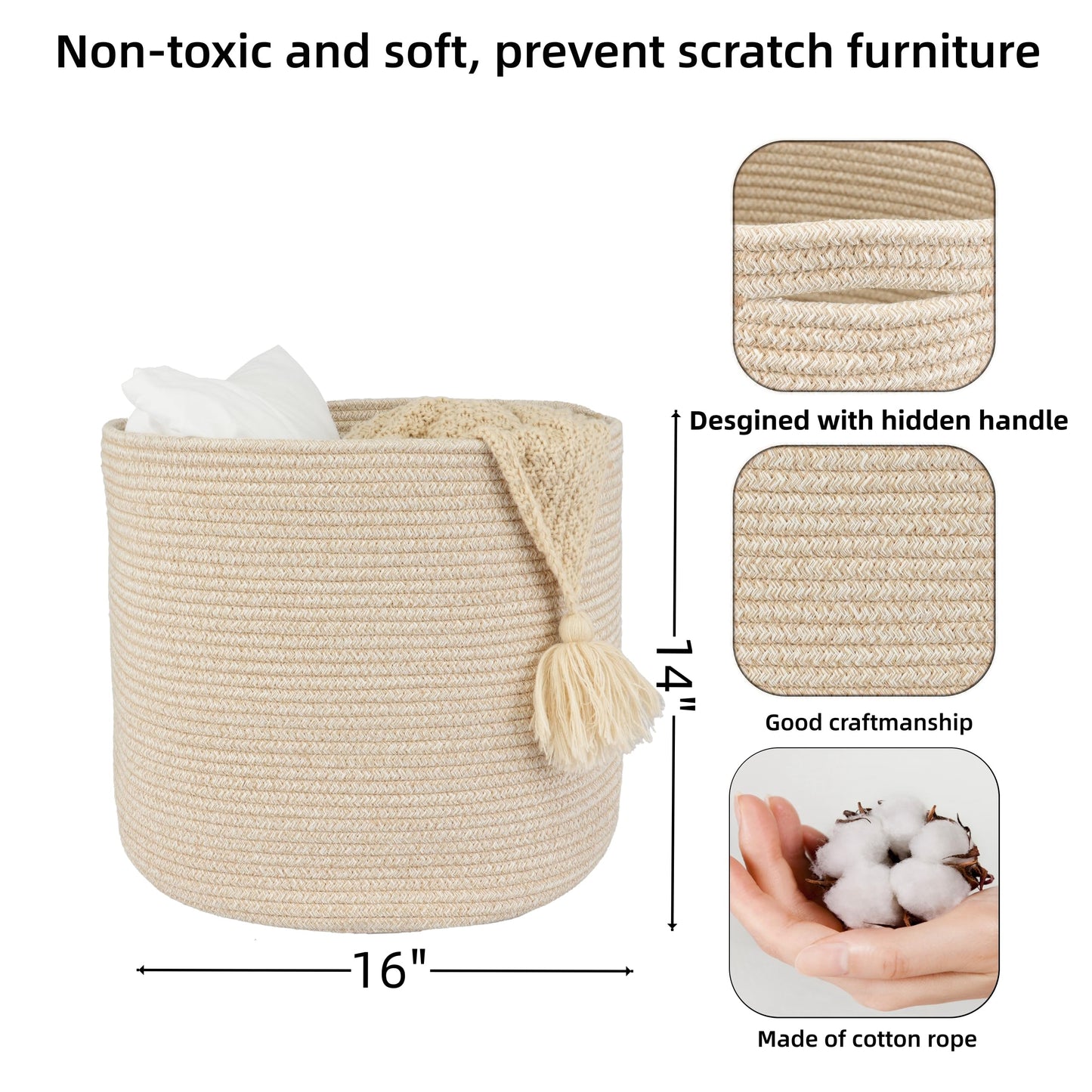 XUANGUO Cotton Rope Basket For Girls Boys Kids 16”X14” Baby Laundry Basket Nursery Bin Round Woven Baskets Organizer For Storage Toys Blankets Shoes Clothes oatmeal