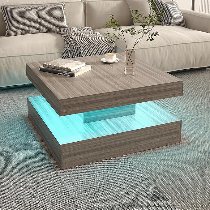 HedoAjim LED Coffee Table for Living Room, Living Room Table 2-Tier Square