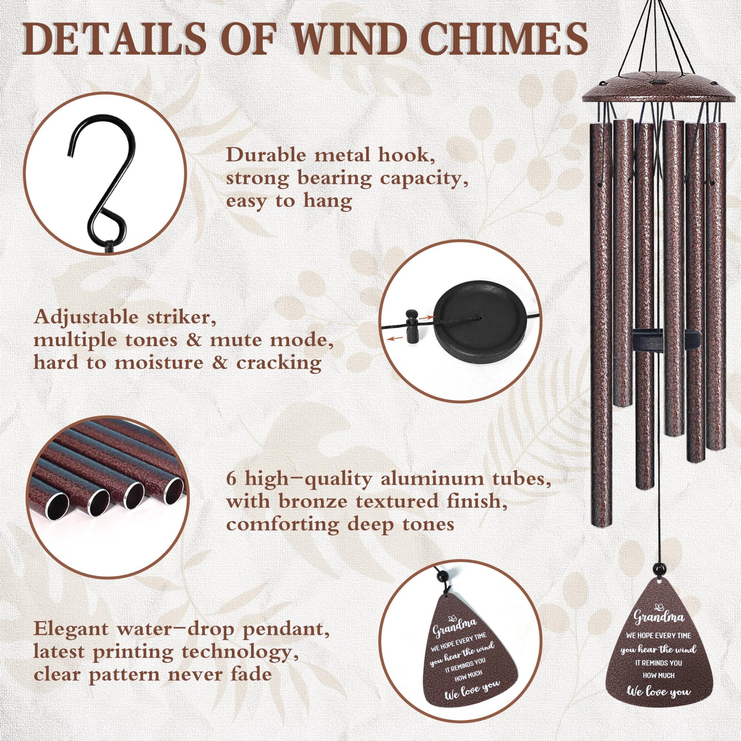 Gifts for Grandma, 32" Bronze Wind Chimes Grandma Gifts, Best Nana Ever Gift for Birthday Christmas for Grandmother Granny Grammy from Grandkids, Home Decor