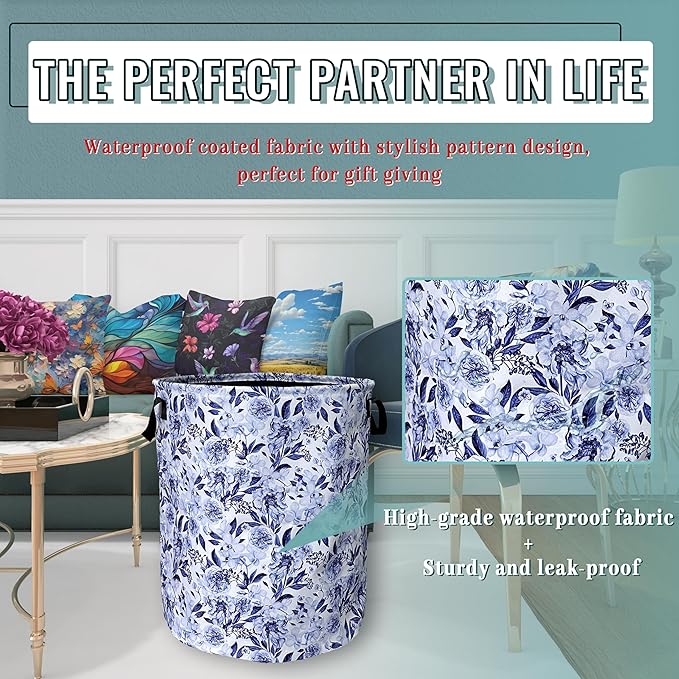 Blue Flower Floral Laundry Basket Foldable