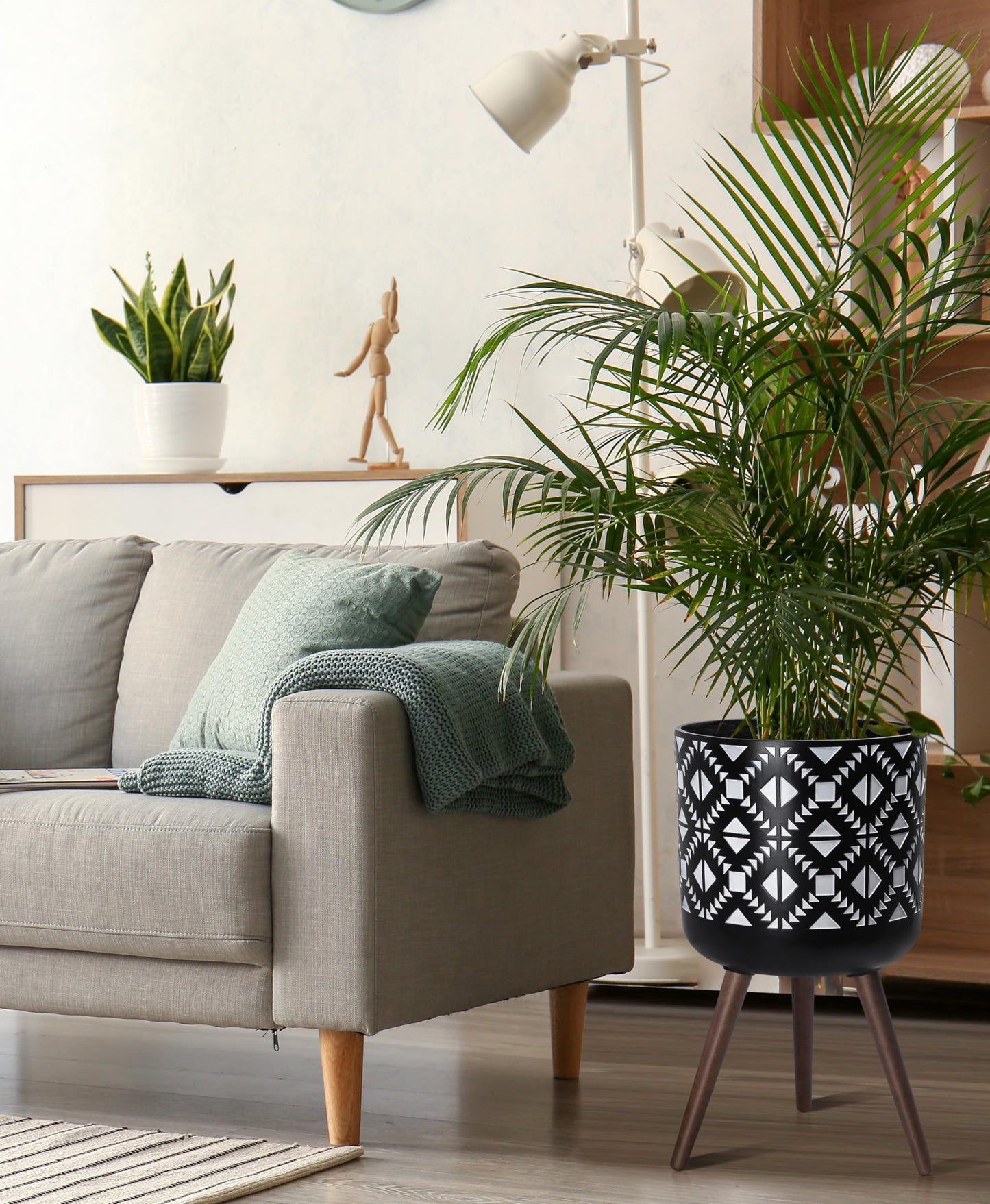D'vine Dev 14 Inch Planter Pot with Stand, Mid-Century Tall Plant Pot with Legs for Indoor Plants, White/Black, 88-G-D-4
