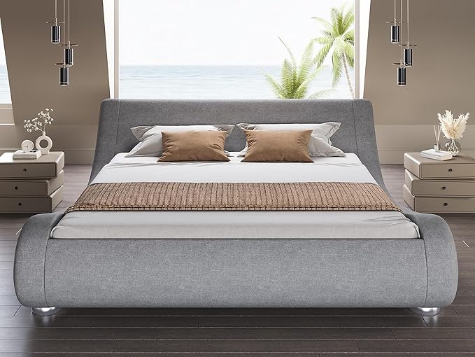 SHA CERLIN King Size Upholstered Bed Frame, Deluxe Low Profile Sleigh Bed